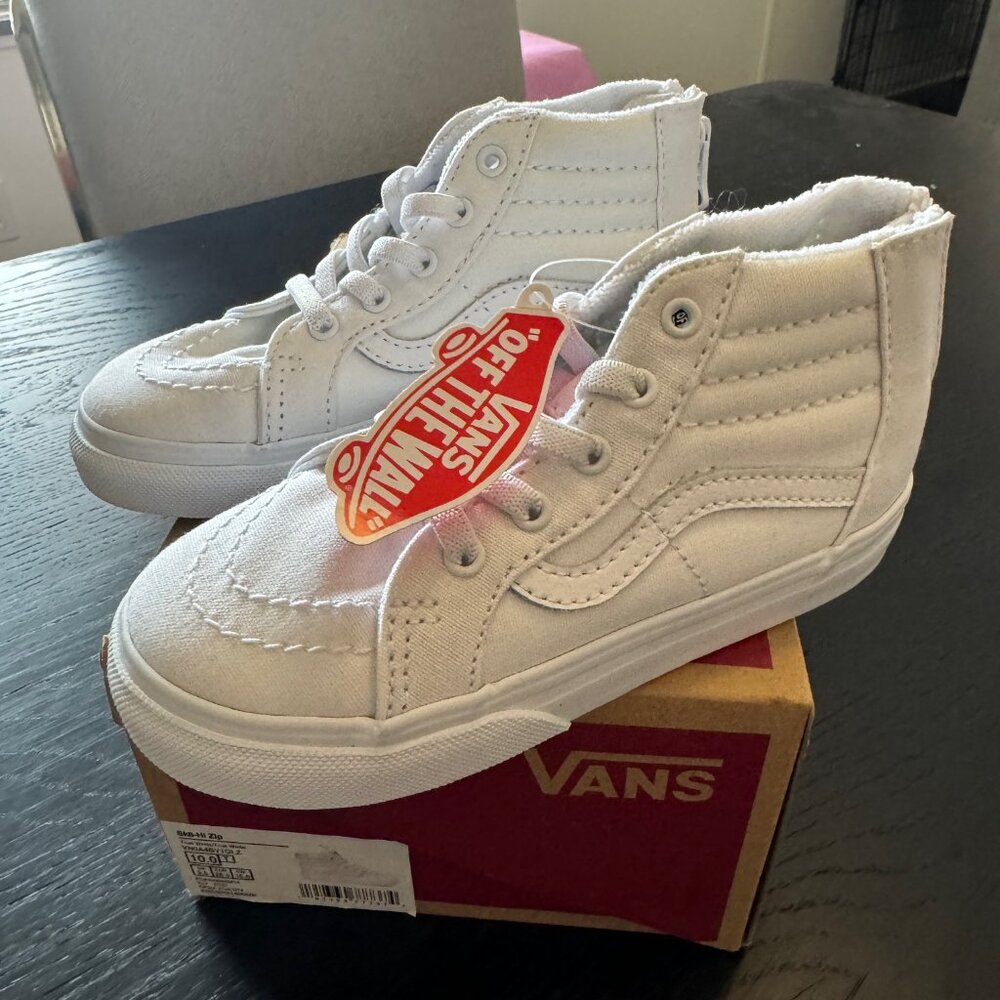 Vans Size 10.0 Toddler Girl Boy True White Sk8 Hi Zip High Tops Shoes